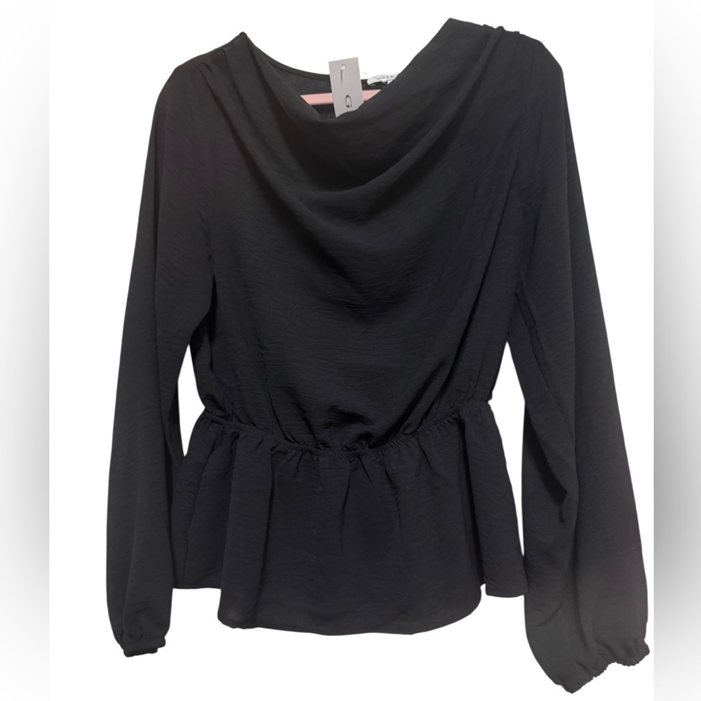 Gilli Black Long-Sleeve Peplum Blouse with Draped Neck